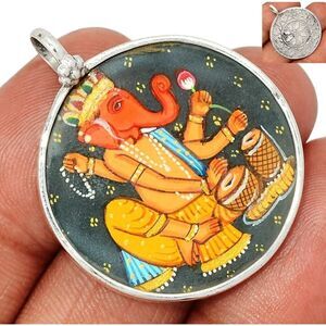 Lord Ganesha Hand Painted 925 Sterling Silver Pendant